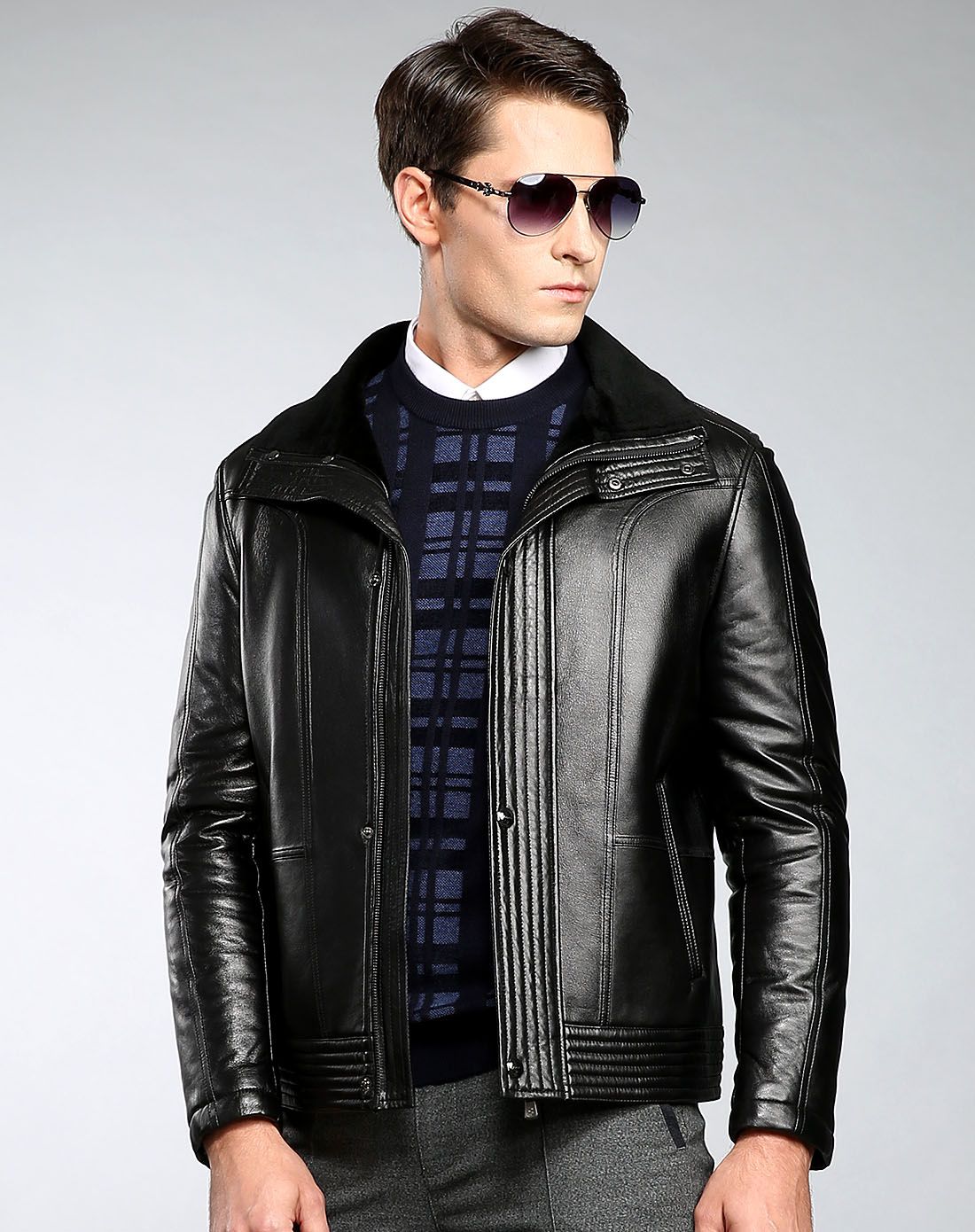 铁狮丹顿羊皮时尚不羁动感机车款皮毛一体男士皮衣8862198010-058