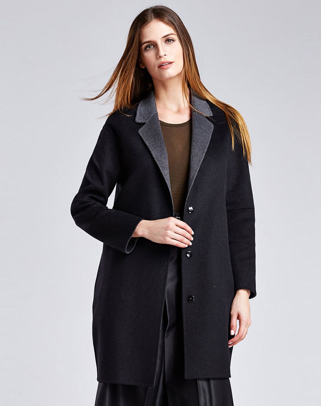 女款黑色翻领双面呢大衣