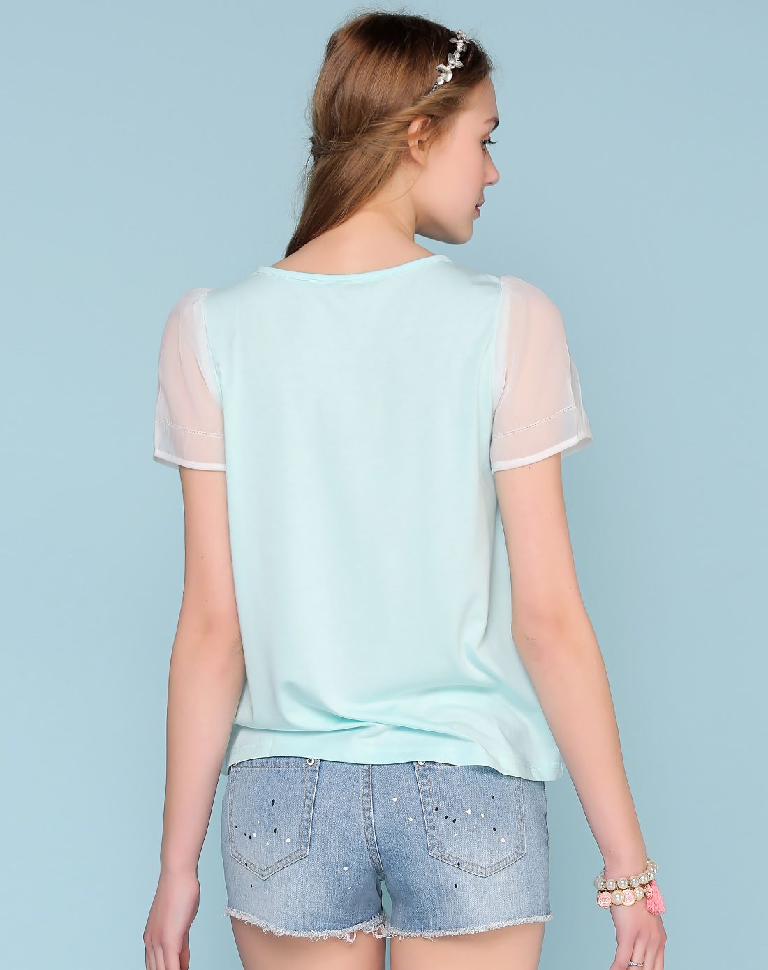 湖水绿时尚别致图案圆领休闲公主短袖t恤