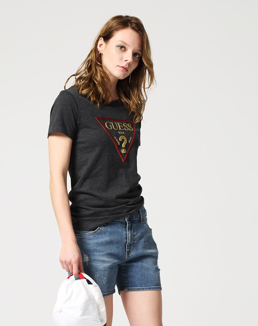 guess 情侣款18春女士倒三角logo短袖t恤