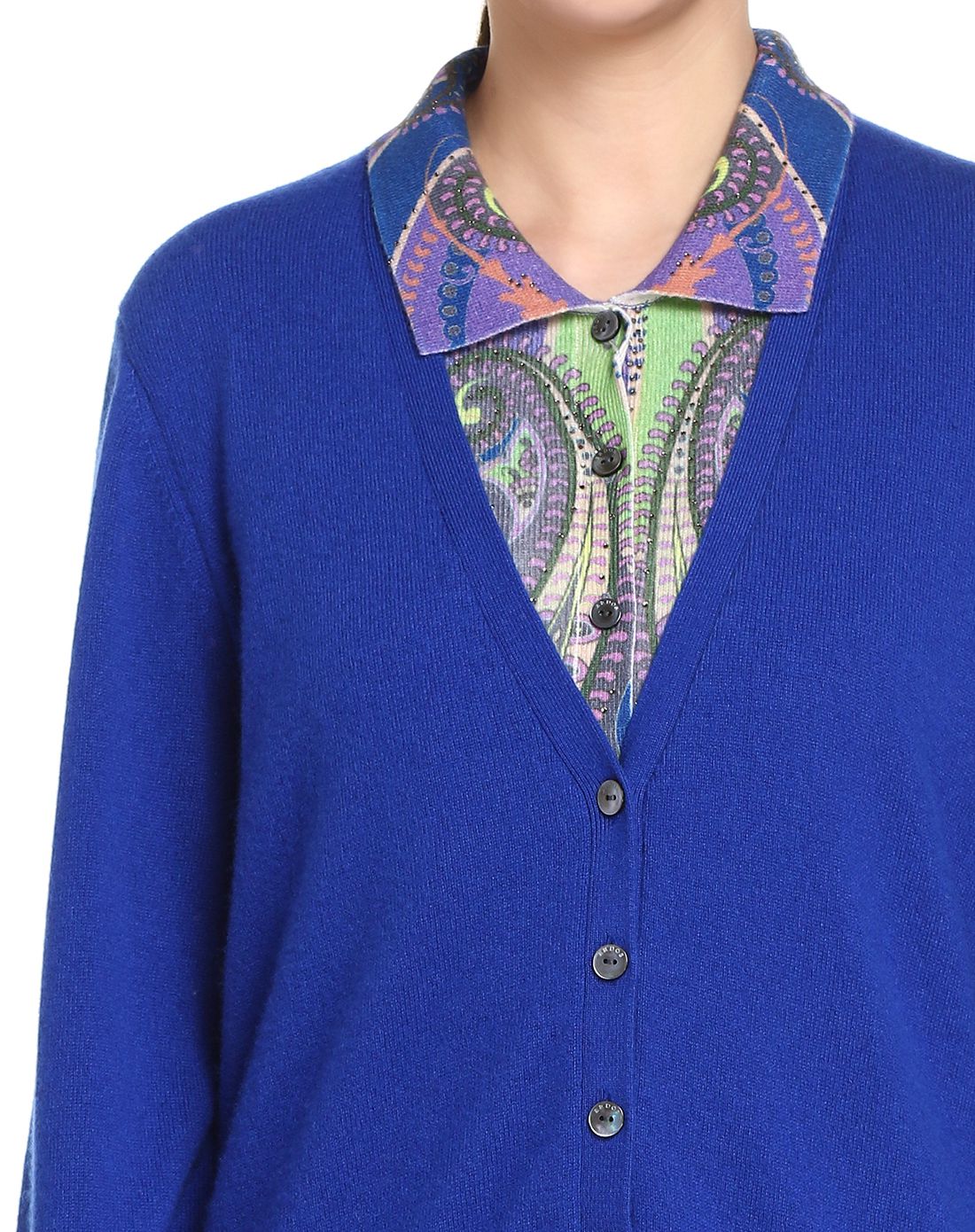 中酞蓝色假两件长袖山羊绒衫