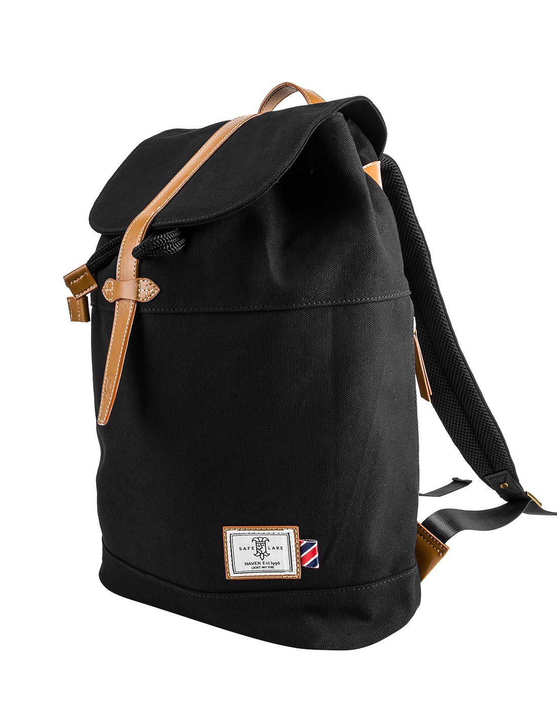 男款黑色帆布束口抽绳桶型双肩包