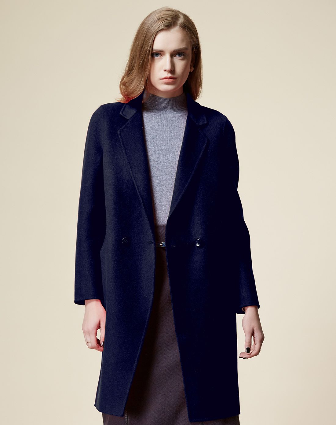 米皇mihuang羊绒女士藏蓝翻领女大衣5491066058_唯品会