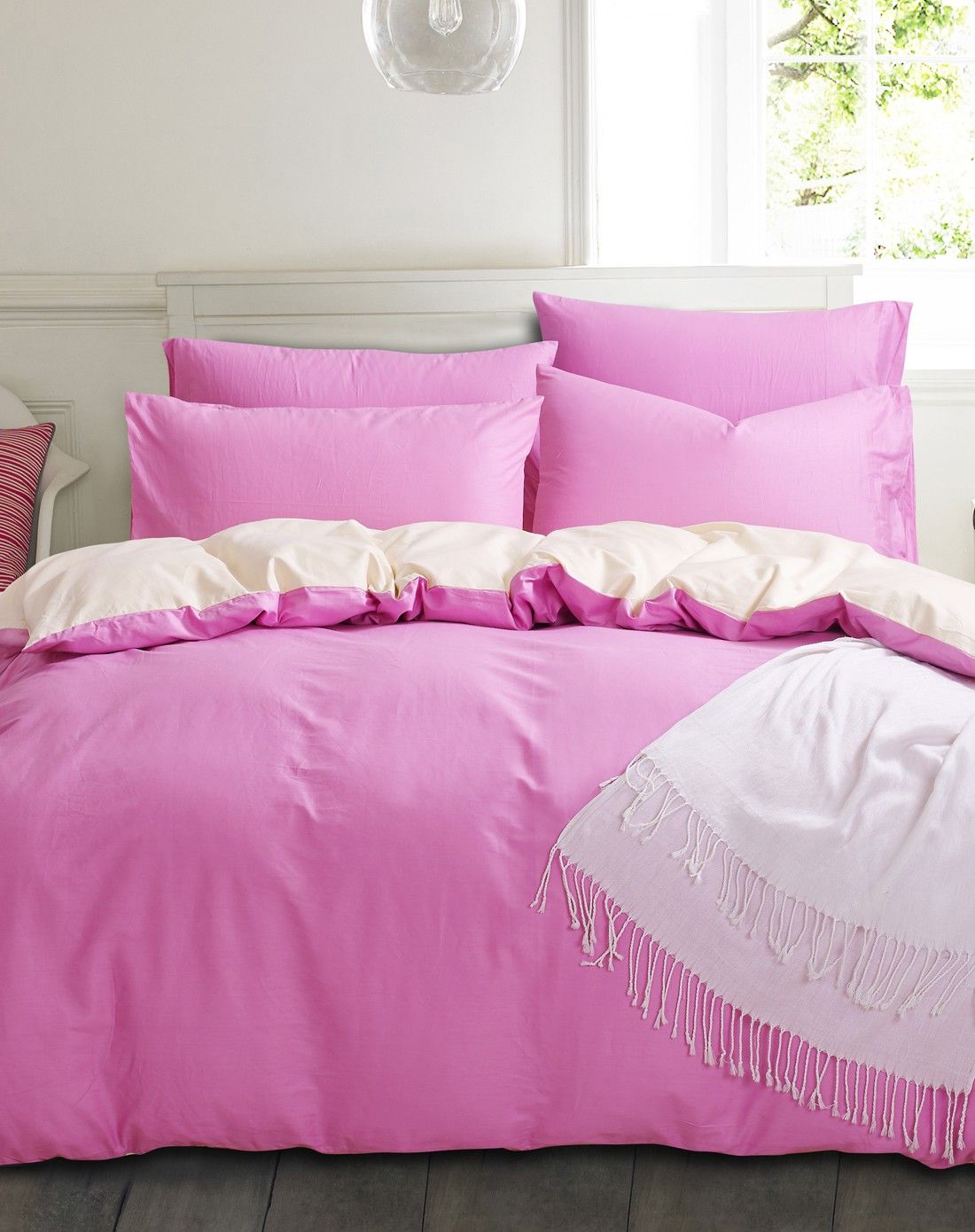 浅粉配黄色素色纯棉四件套1.8米床