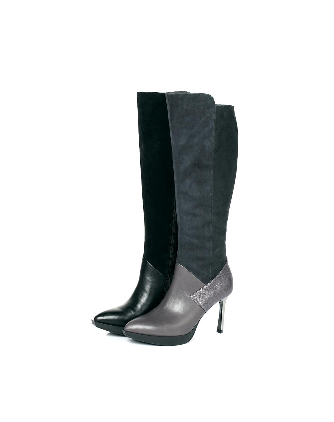 唯品专供灰色羊皮细跟女长靴