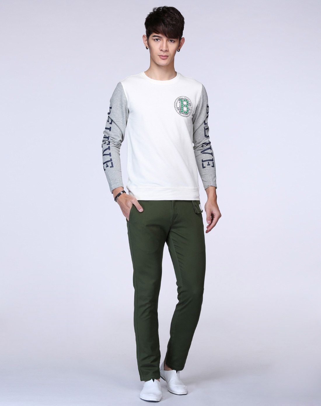 男装原色时尚字母印花圆领长袖t恤