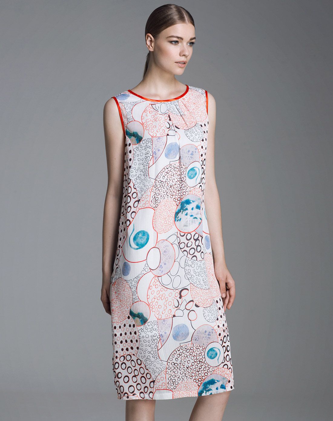 欧美雪纺印花无袖中长款宽松h型连衣裙