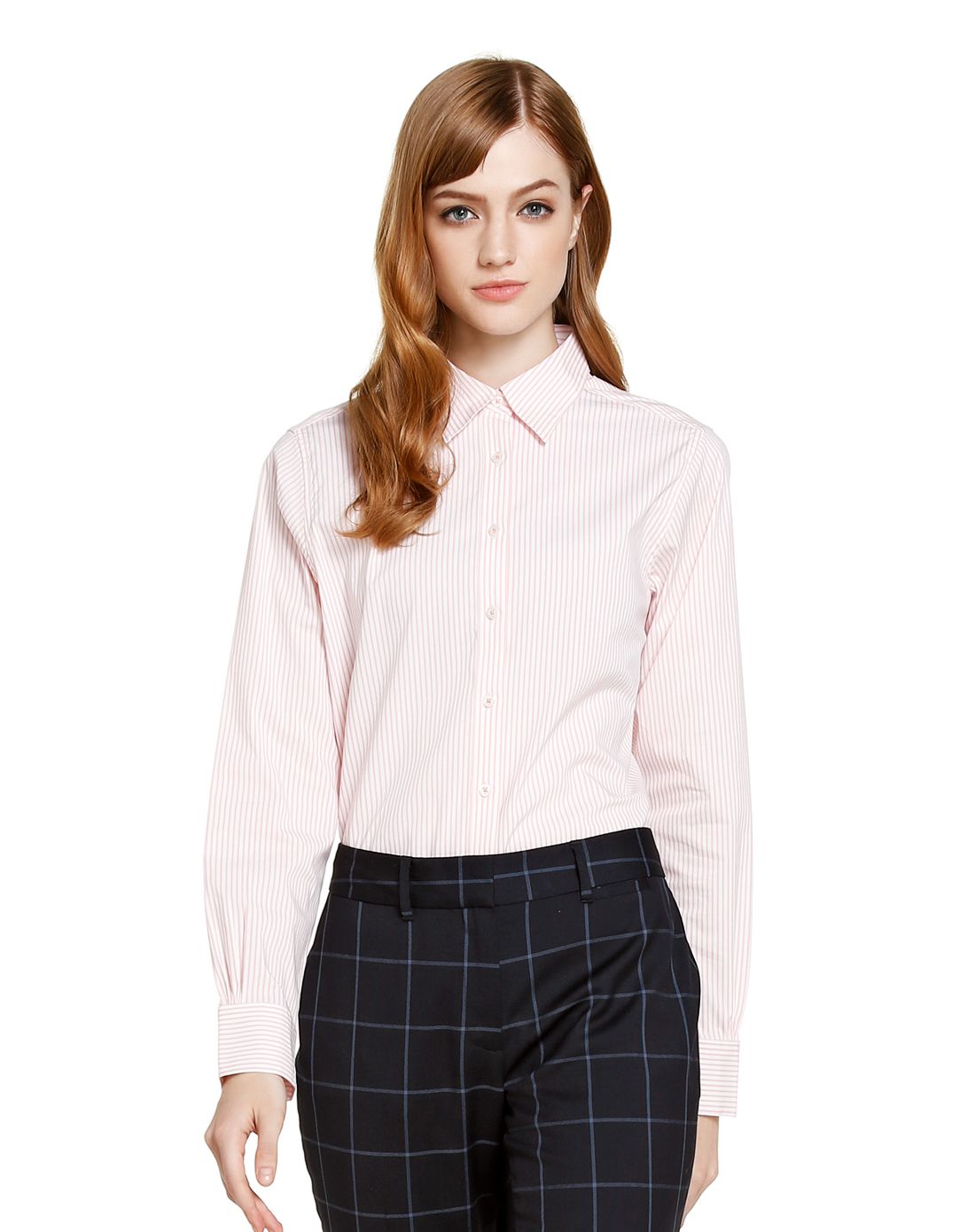 golden fleece白/粉色条纹翻领长袖衬衫