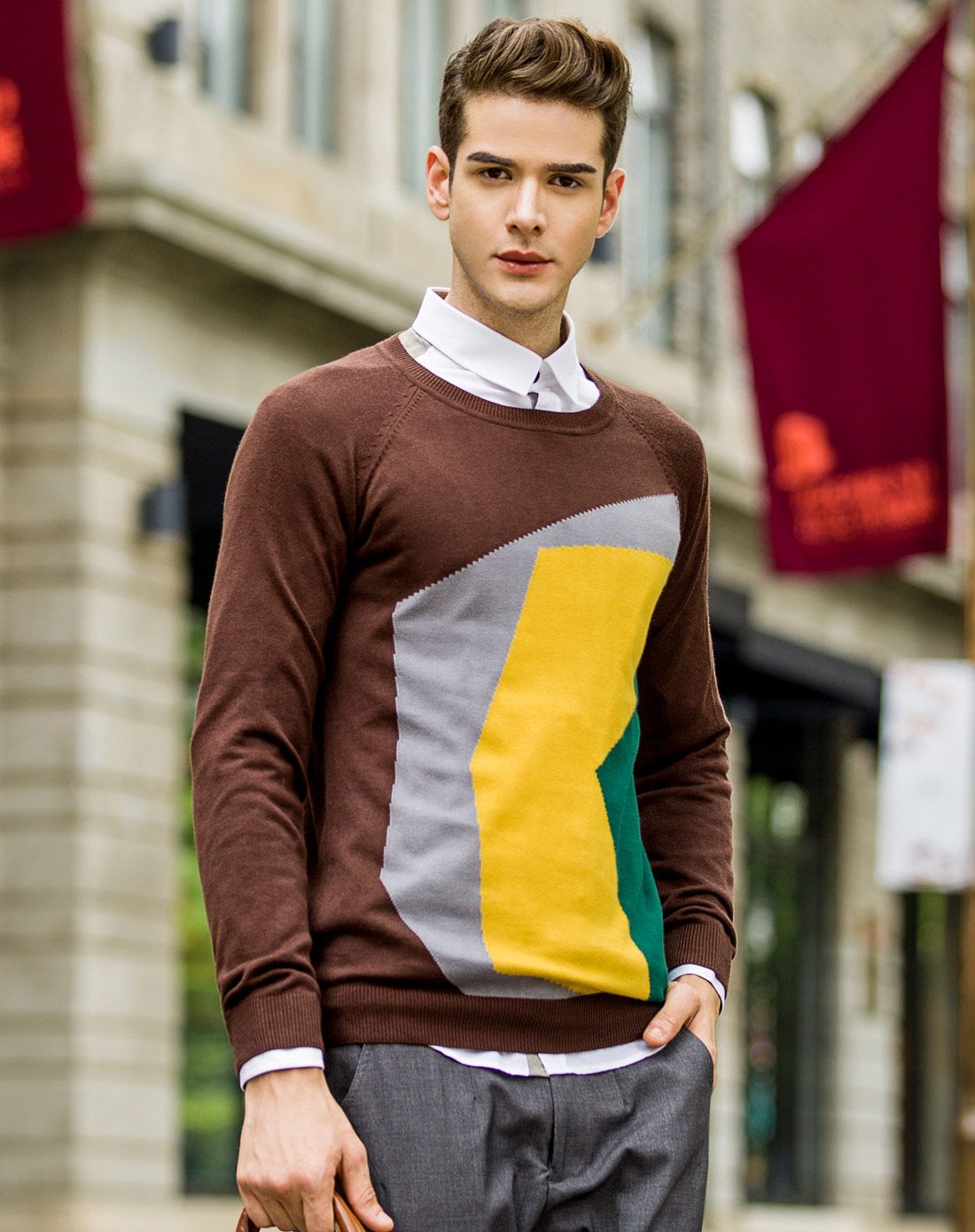 男咖啡色长袖线衫