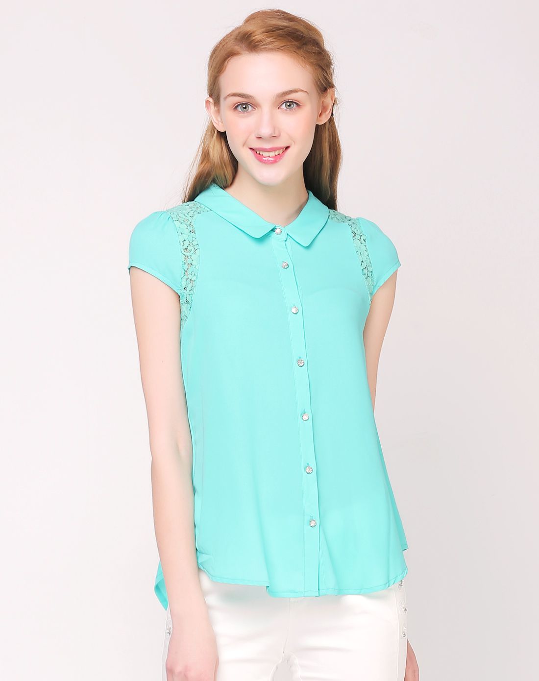 湖水绿时尚翻领钻石纽扣蕾丝衬衫