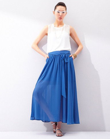 天蓝小清新飘逸系带半身长裙