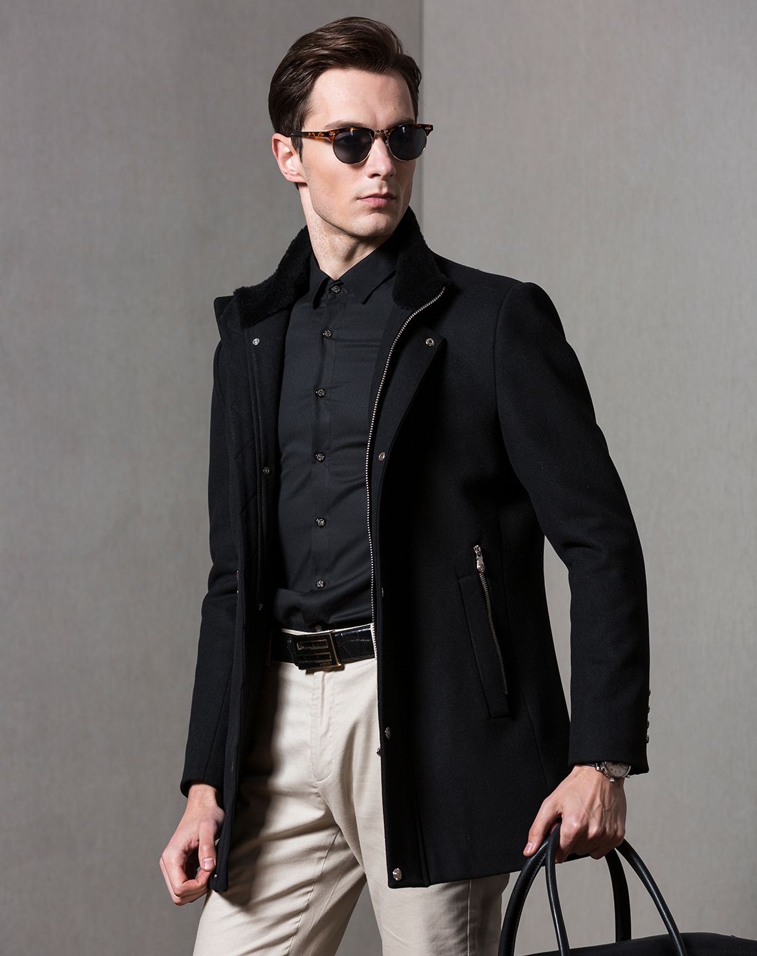 男士黑色商务立领羊毛大衣