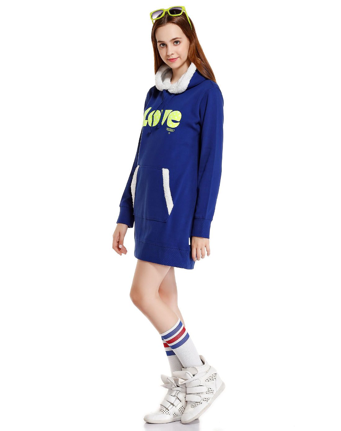 chocoolate女款深蓝色连帽百搭休闲长袖t恤