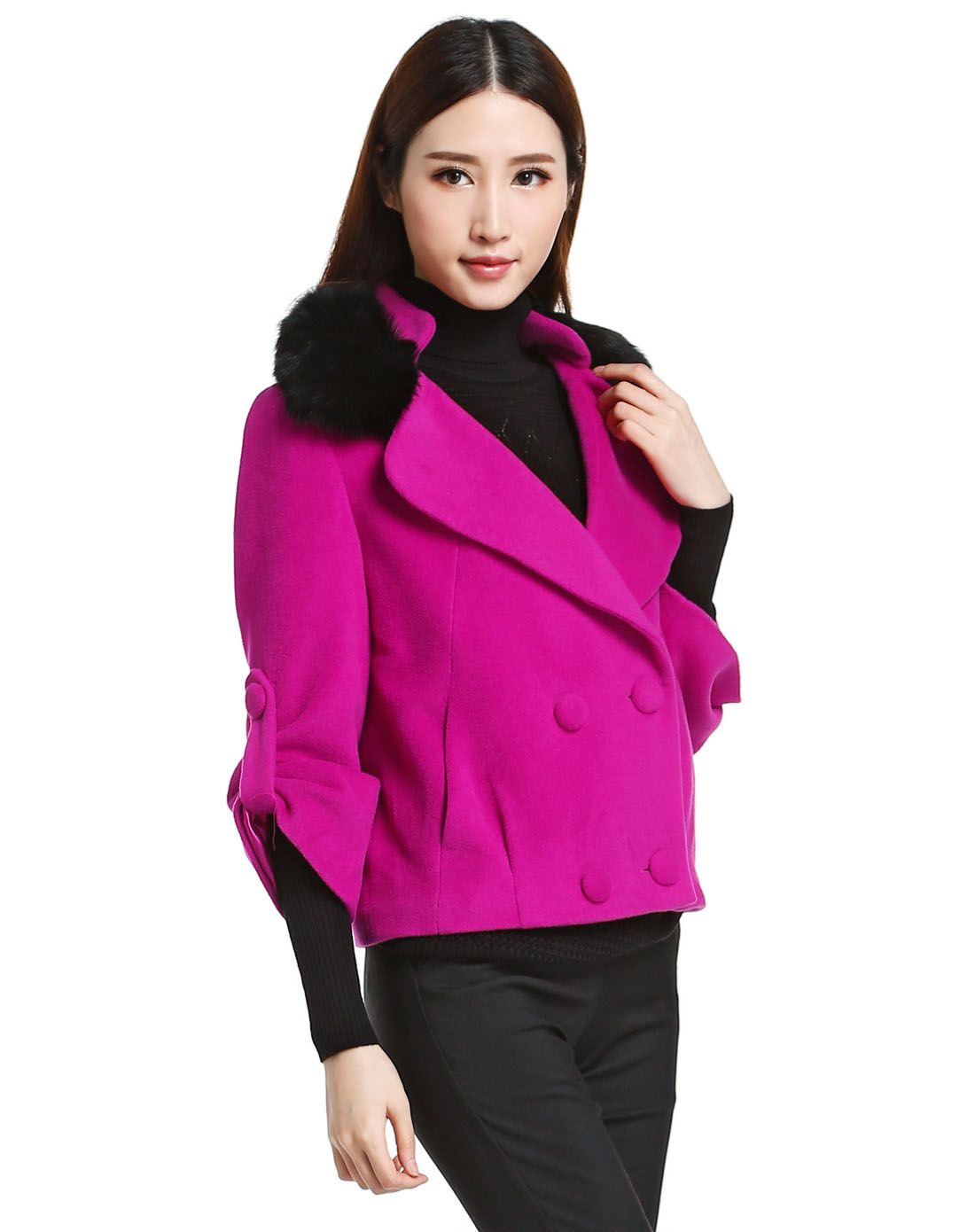 玫红色名媛淑女双排扣九分袖短款大衣