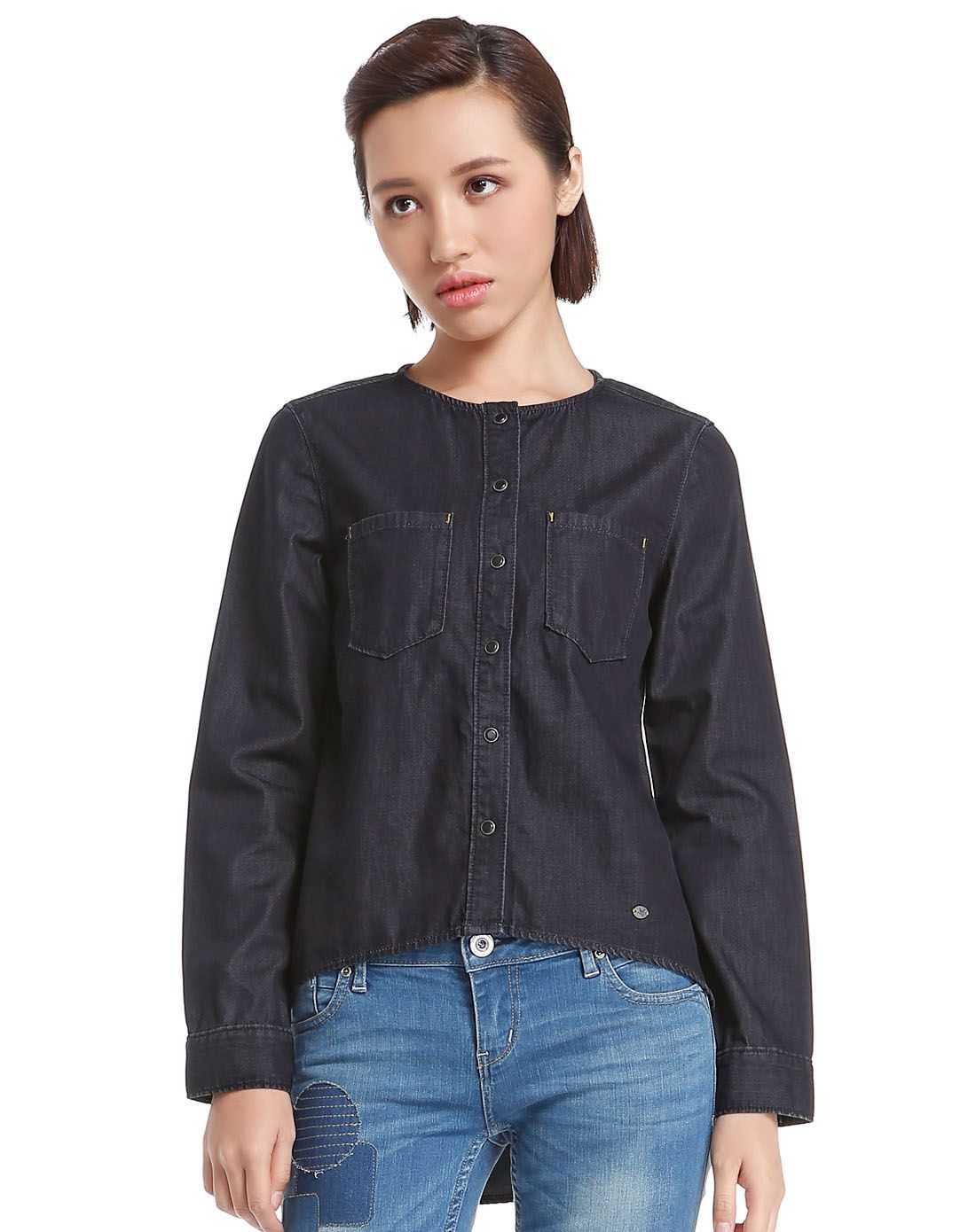 女款蓝黑色潮流时尚长袖开襟牛仔上衣