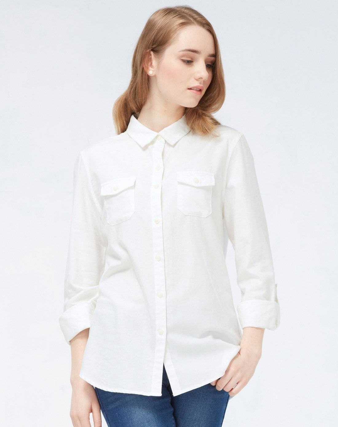 白色 纯棉帆布宽松男友风可卷袖衬衫