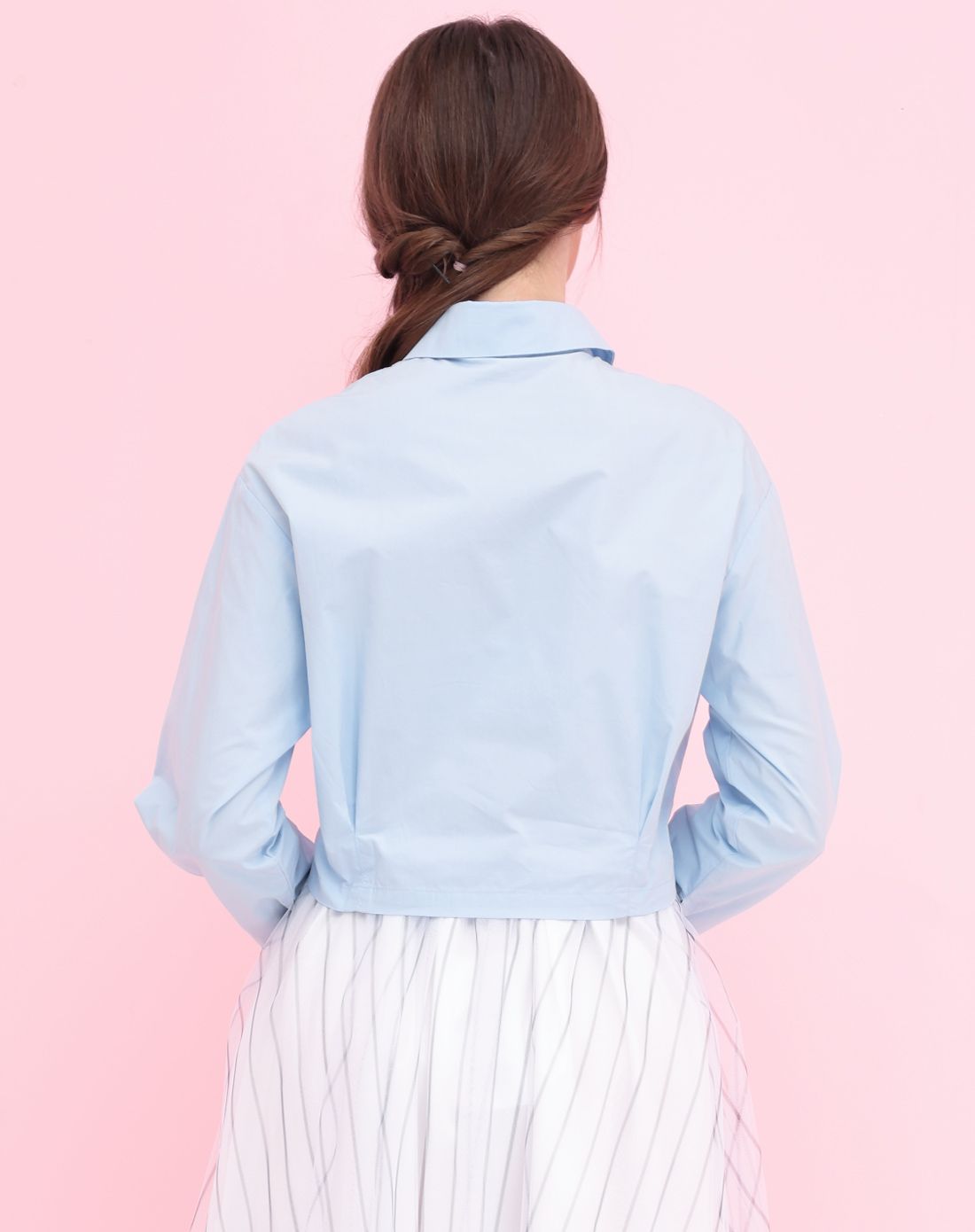 天空蓝长袖修身纯色百搭女士纯棉衬衣