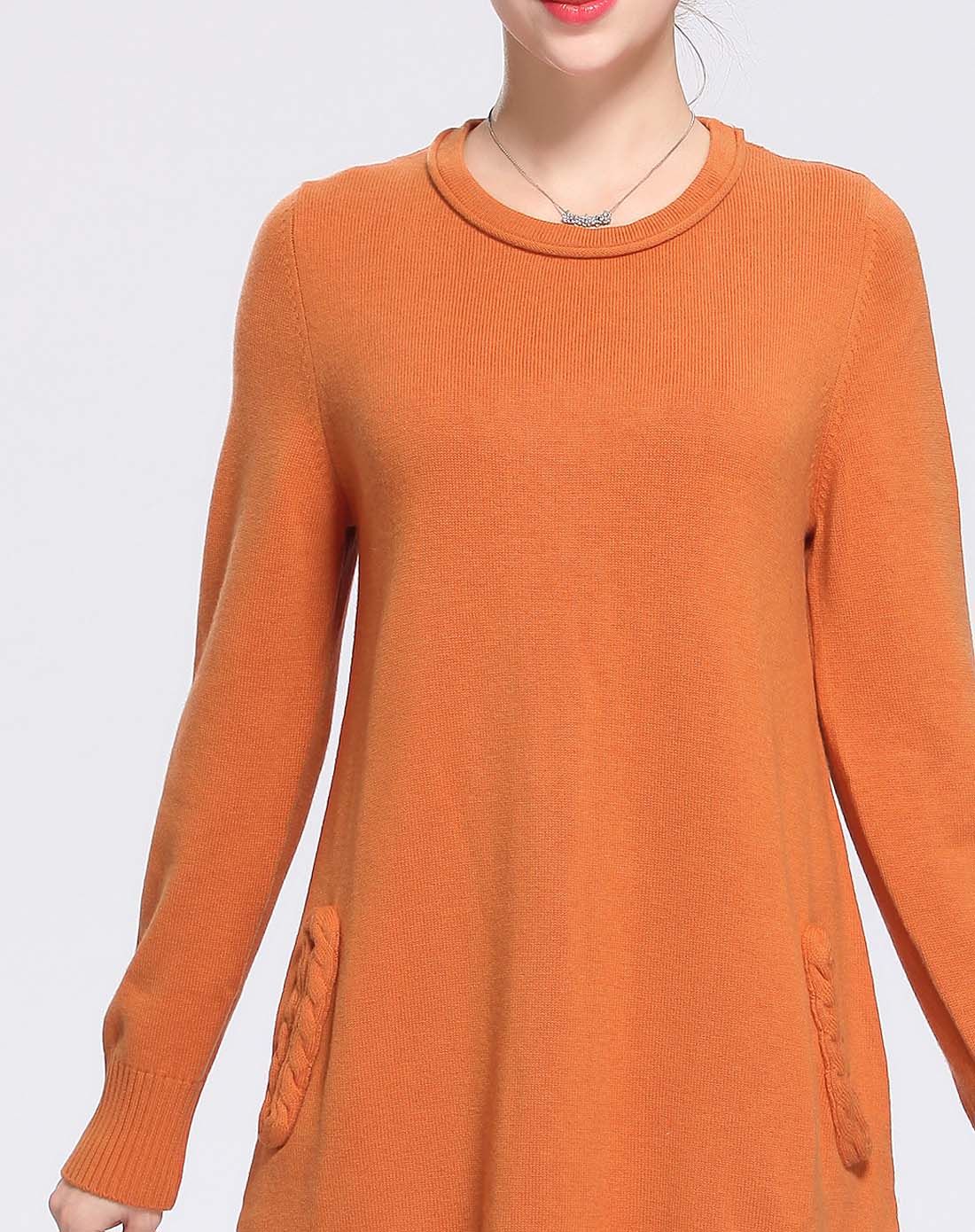超细美丽诺羊毛暗橙色休闲中长款套衫