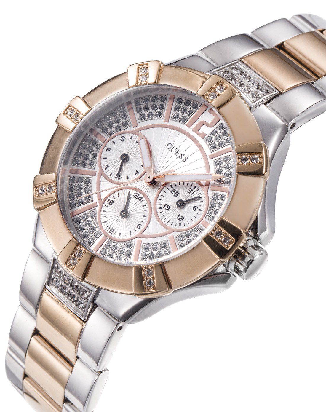 guess vista 美景系列 三眼计时镶钻玫瑰金女表