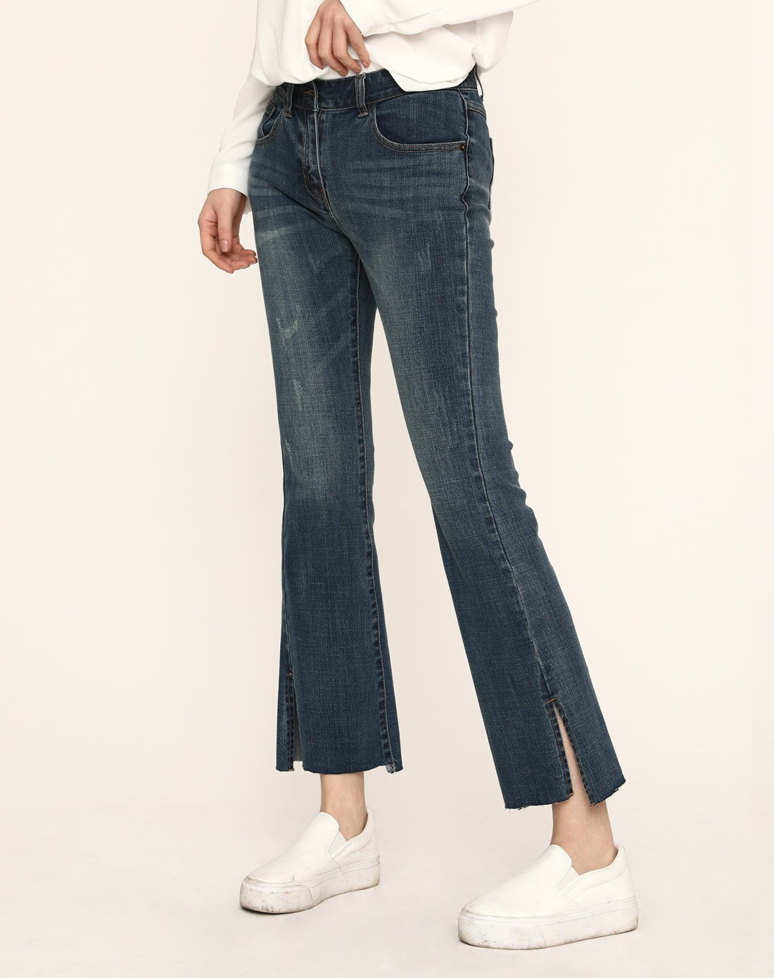 soup 2018夏季新品 韩版侧开口微喇七分牛仔裤