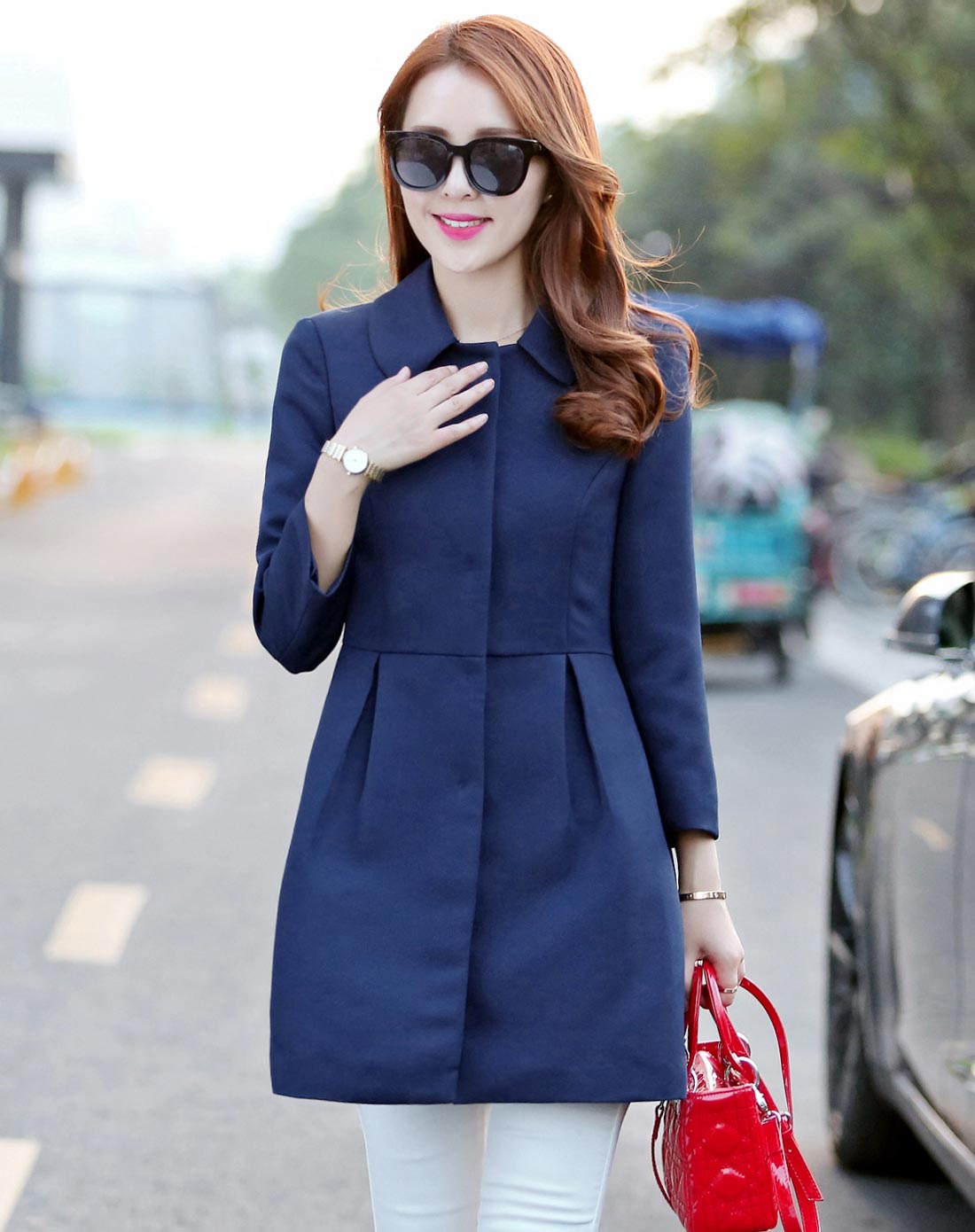 女藏蓝色纯色单排扣收腰风衣