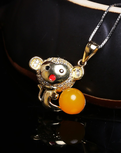 灵猴献瑞925银镶黄玉髓猴子吊坠送银链