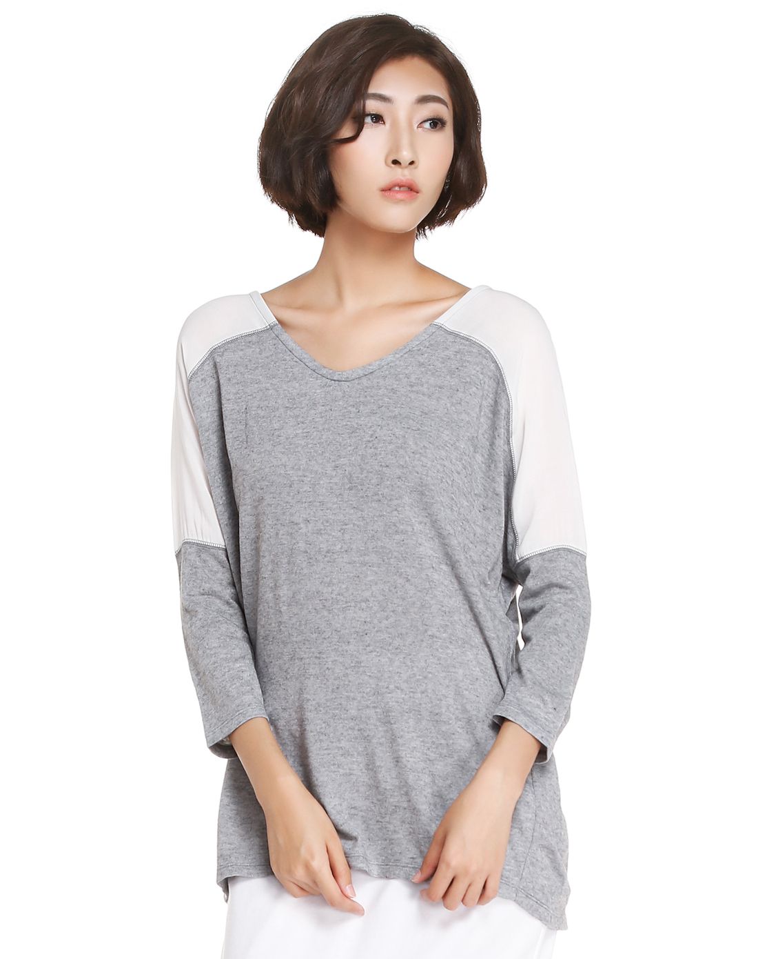 女款灰/白色时尚拼接八分袖上衣