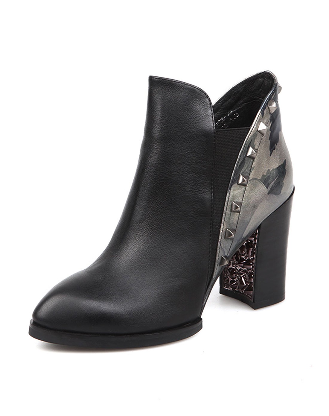 黑色欧式经典压花牛皮绑带短靴