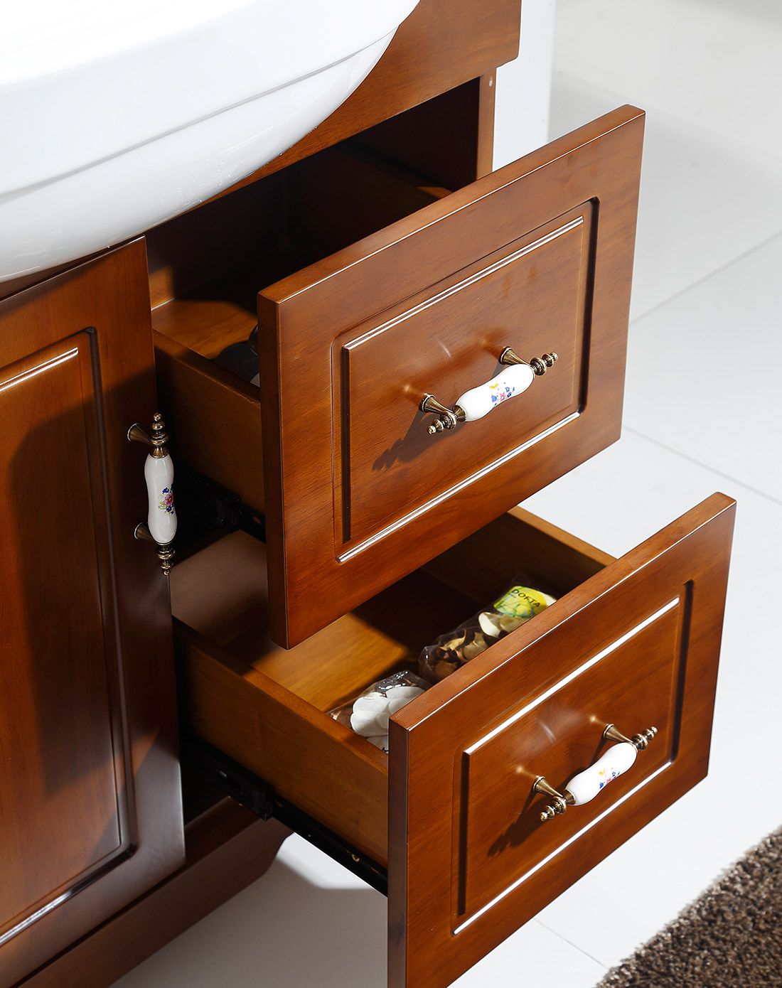 中式古典0.81米实木茶色落地浴室柜