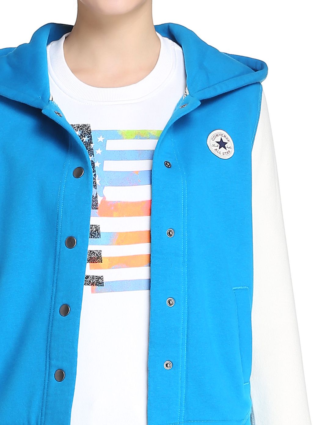 拼色柔软 女款蓝配米白色连帽长袖外套