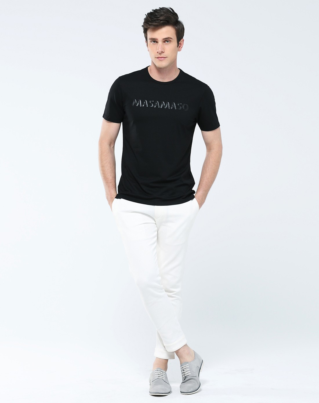 玛萨玛索masa maso黑色字母刺绣柔滑冰爽透气棉氨圆领短t20272400