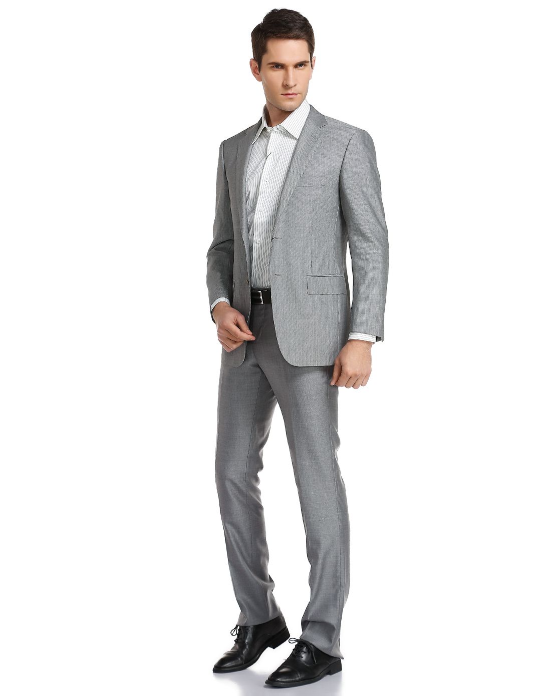 浅灰色商务成熟条纹翻领长袖休闲西服