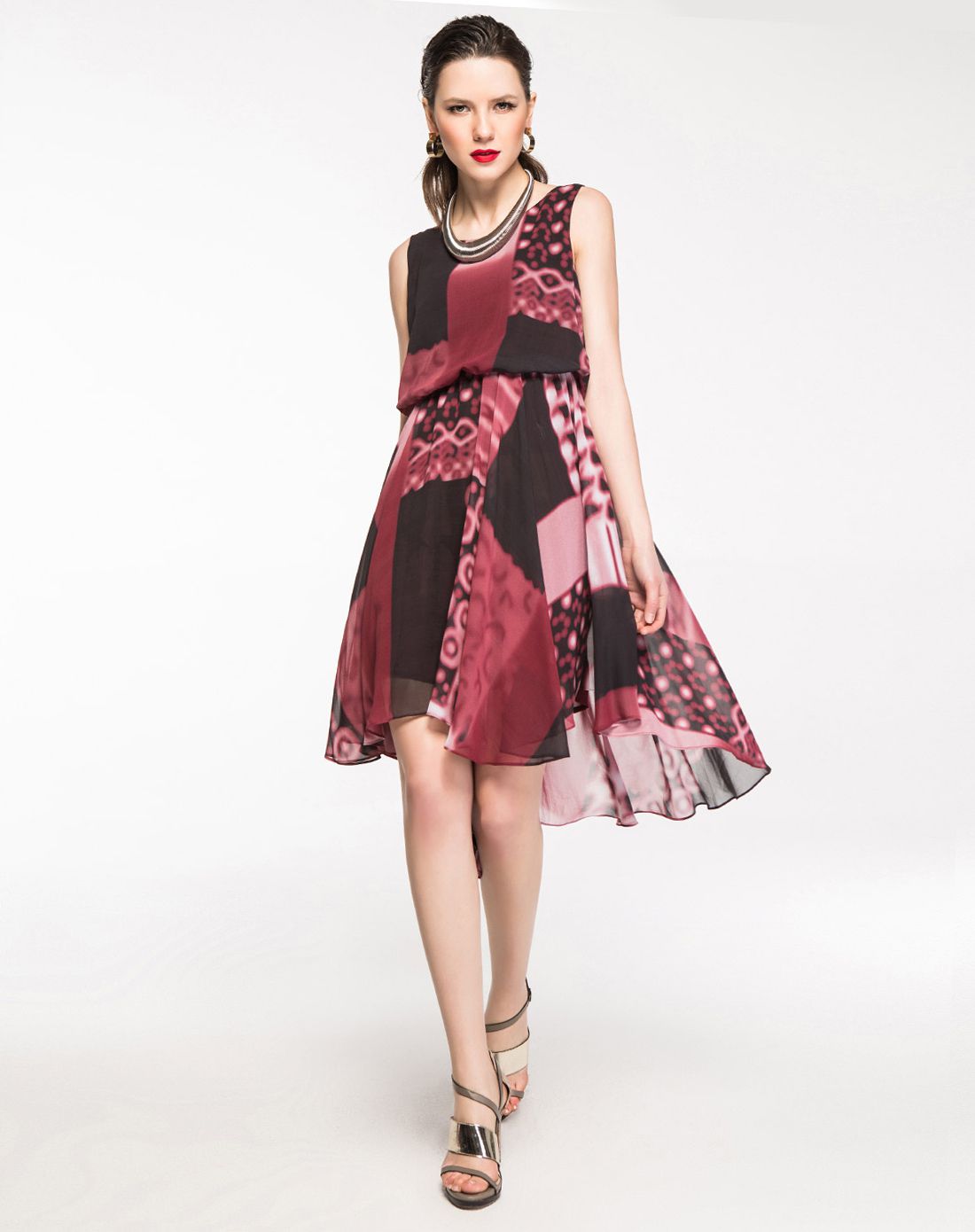 艾莱依eral女装专场 艾莱依eral雪纺印花不规则下摆连衣裙