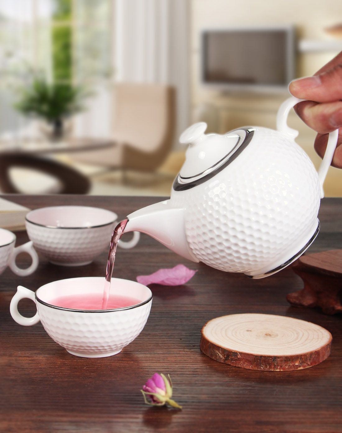 雅诚德 出口顶级骨瓷铂爵茶具7件套(一壶六杯)-白金浮雕