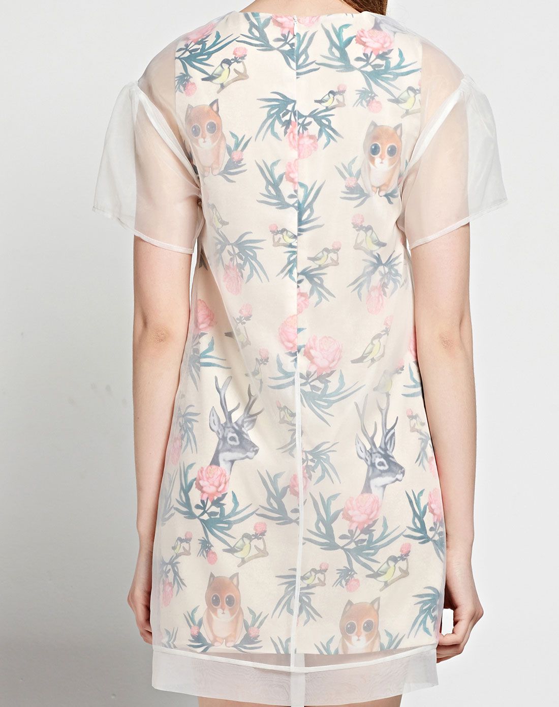 白色复古印花圆领欧根纱双层连衣裙