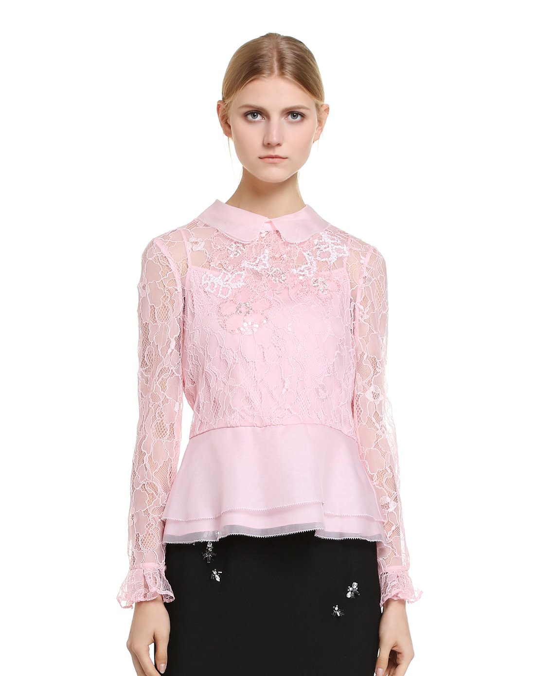 宝姿ports蕾丝亮片长袖上衣lw8b006byln002-almondblossom_唯品会