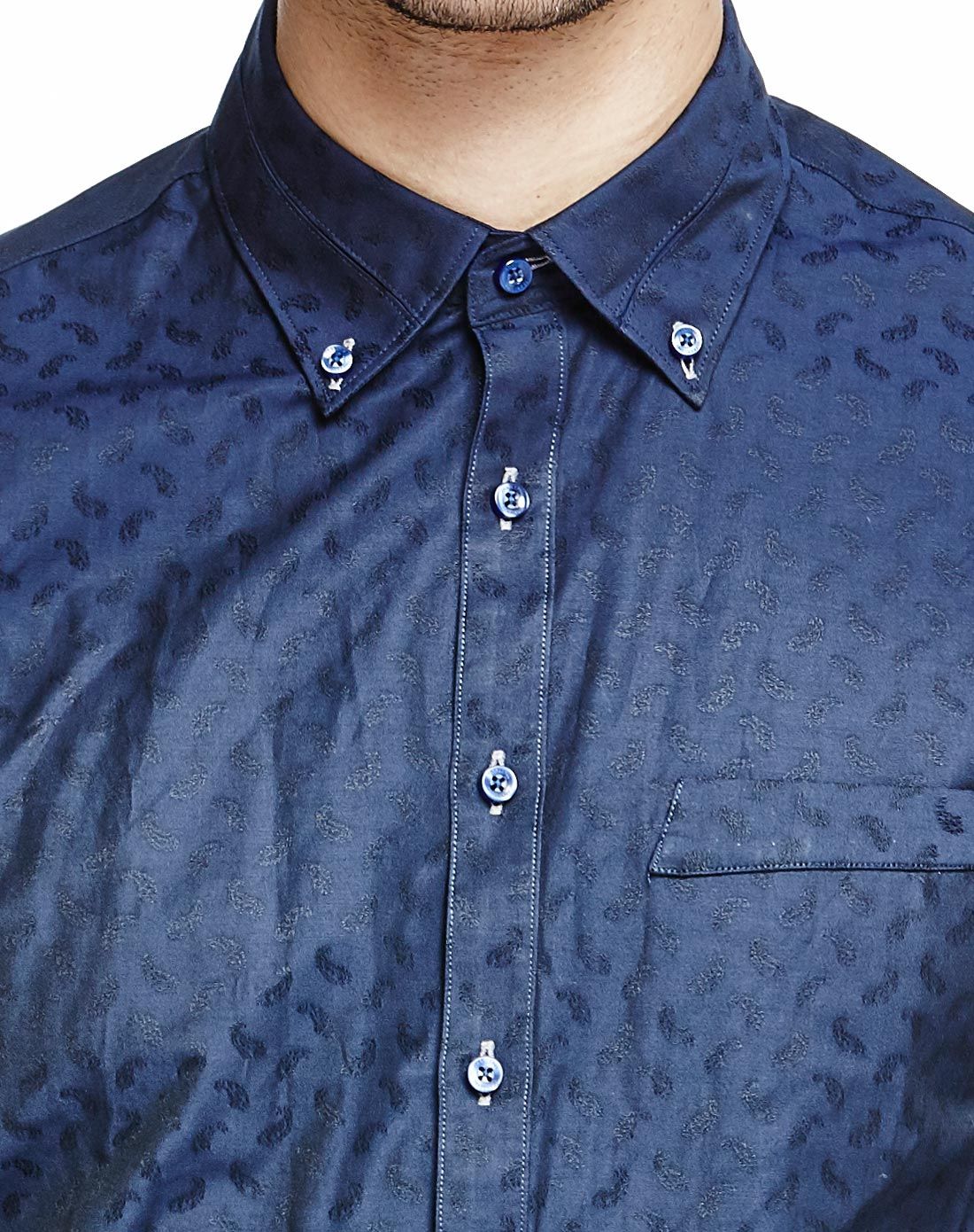 简单百搭藏青暗纹长袖衬衫