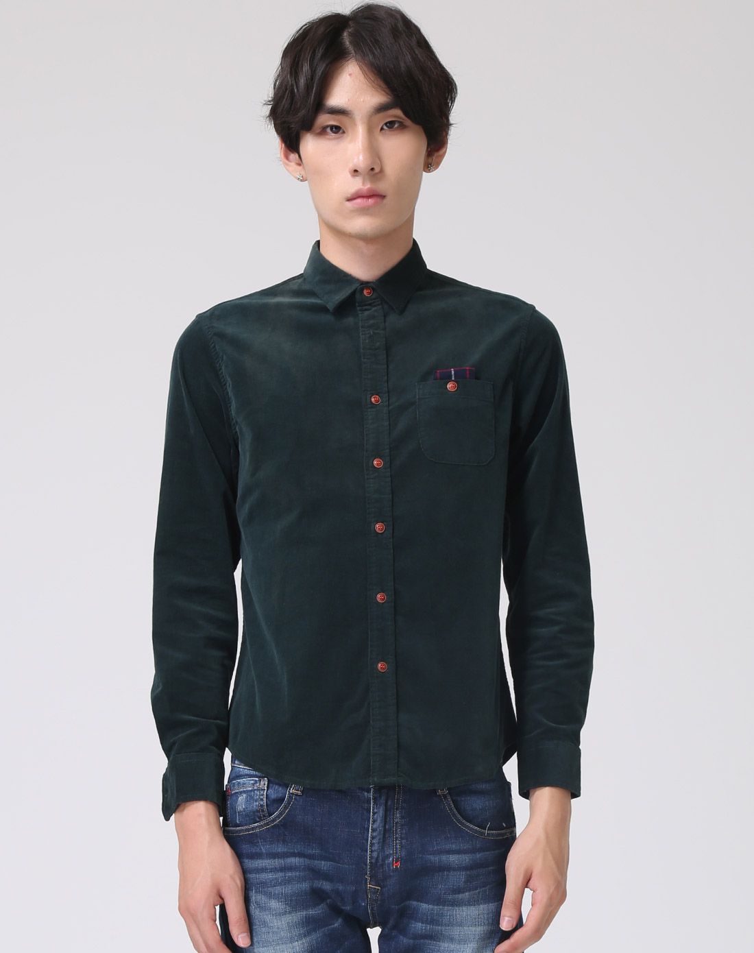 深绿男装灯芯绒撞布衬衫