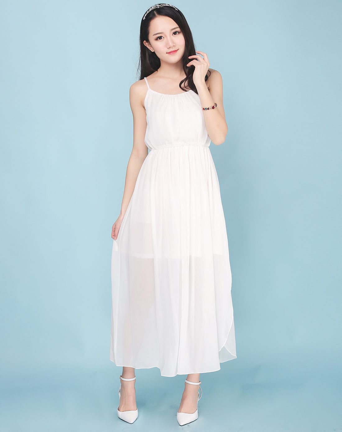 白色甜美淑女修身纯色吊带长裙连衣裙