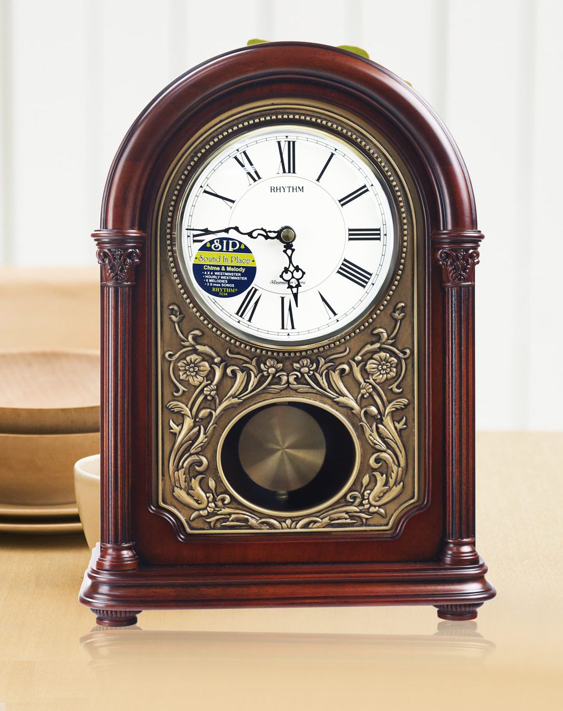 rhythm丽声 客厅卧室经典实木整点报时家居装饰座钟