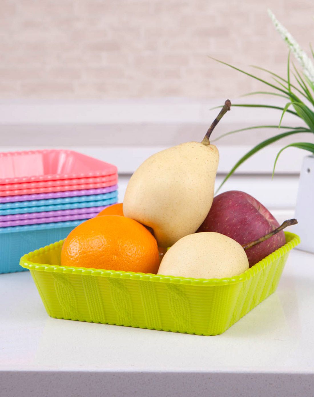 创意仿编织塑料方形果盘(绿色二枚组)