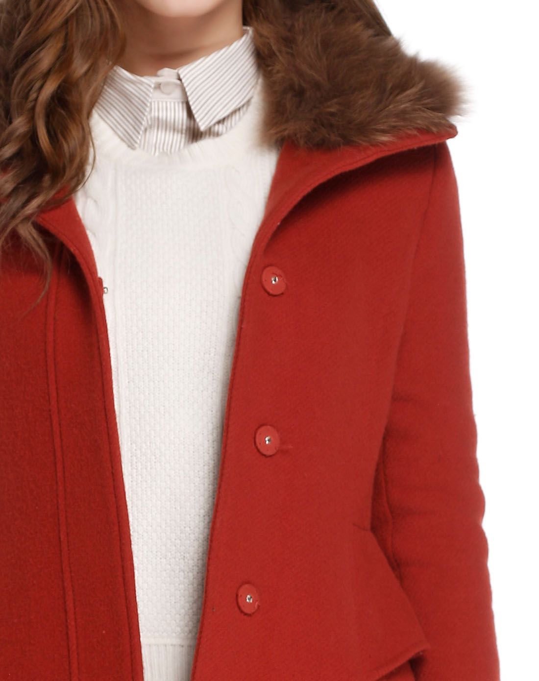 深橙红色毛领简约大方长款长袖大衣