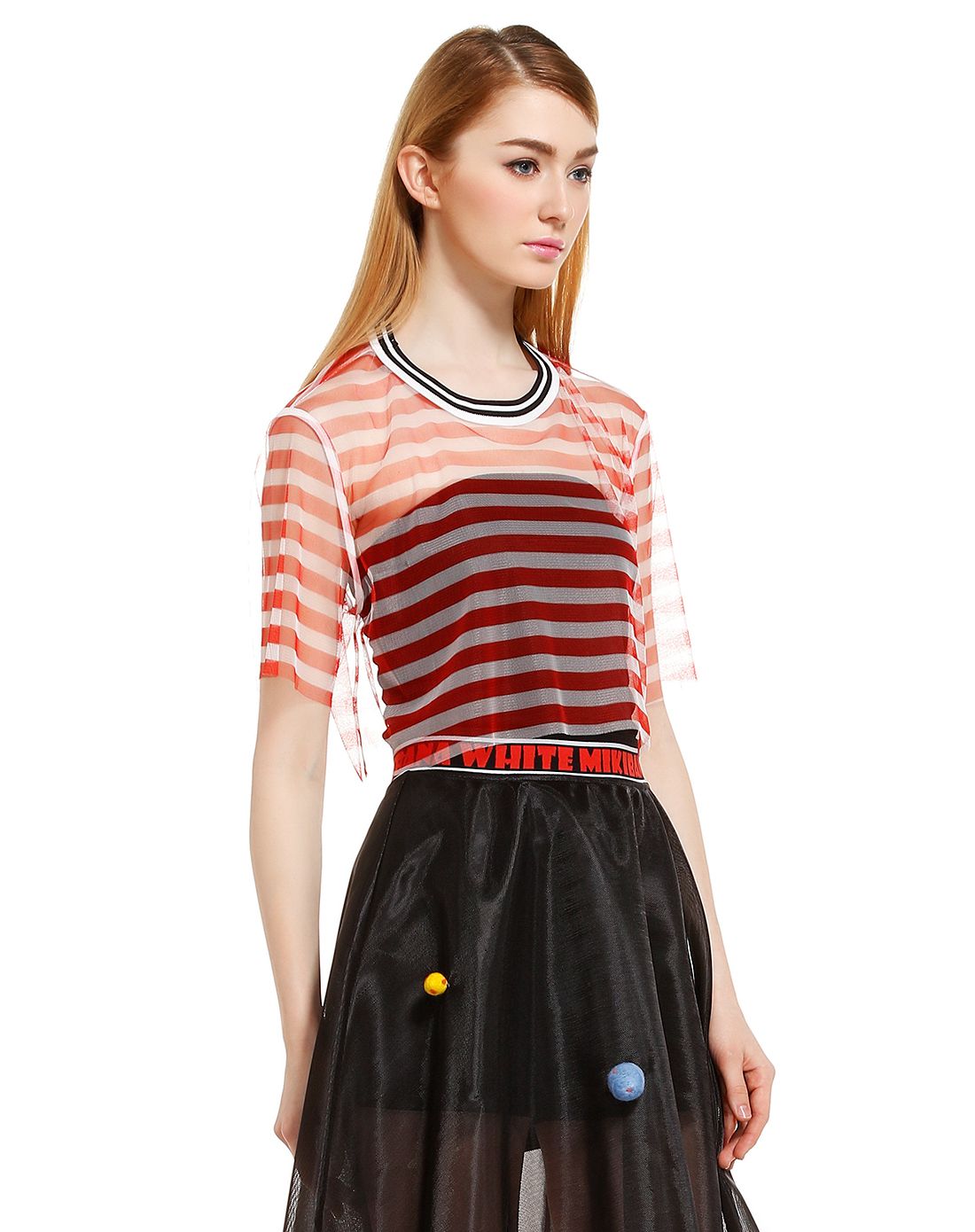 米可芭纳mikibana红/白色镂空条纹短袖短款上衣m52ts3116r25_唯品会