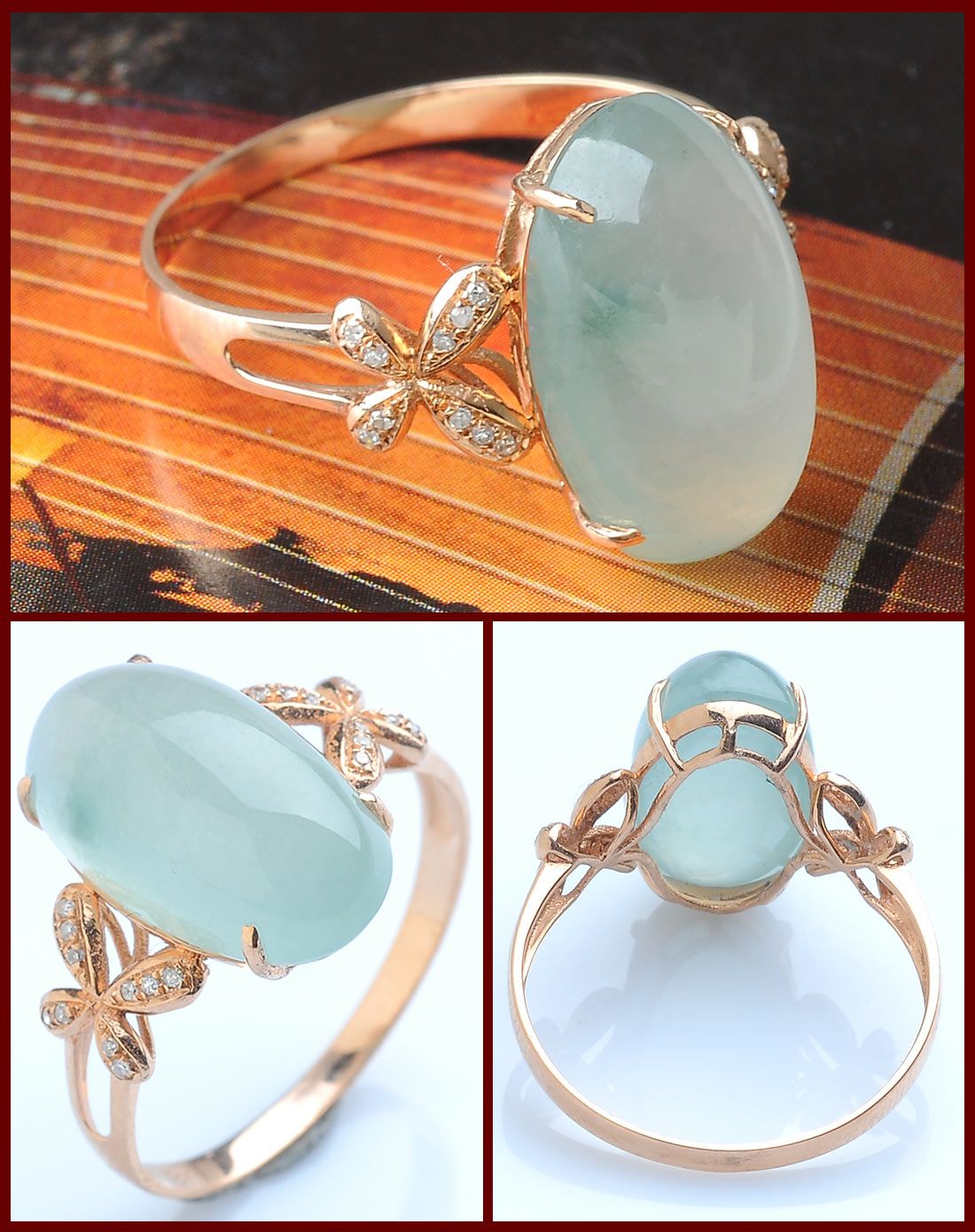 18k金伴钻镶嵌a货椭圆形翡翠戒指 13