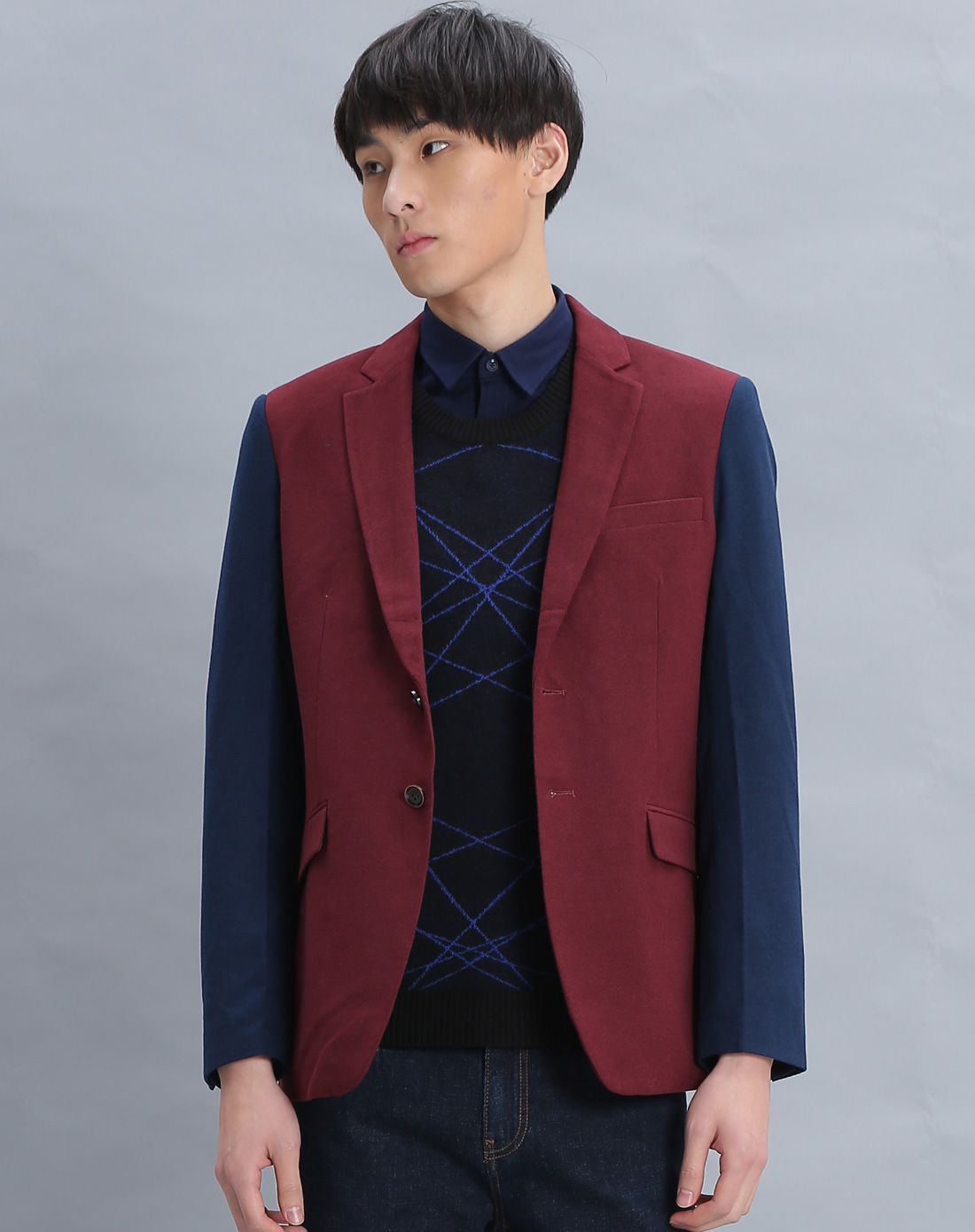 枣红男装拼色西服