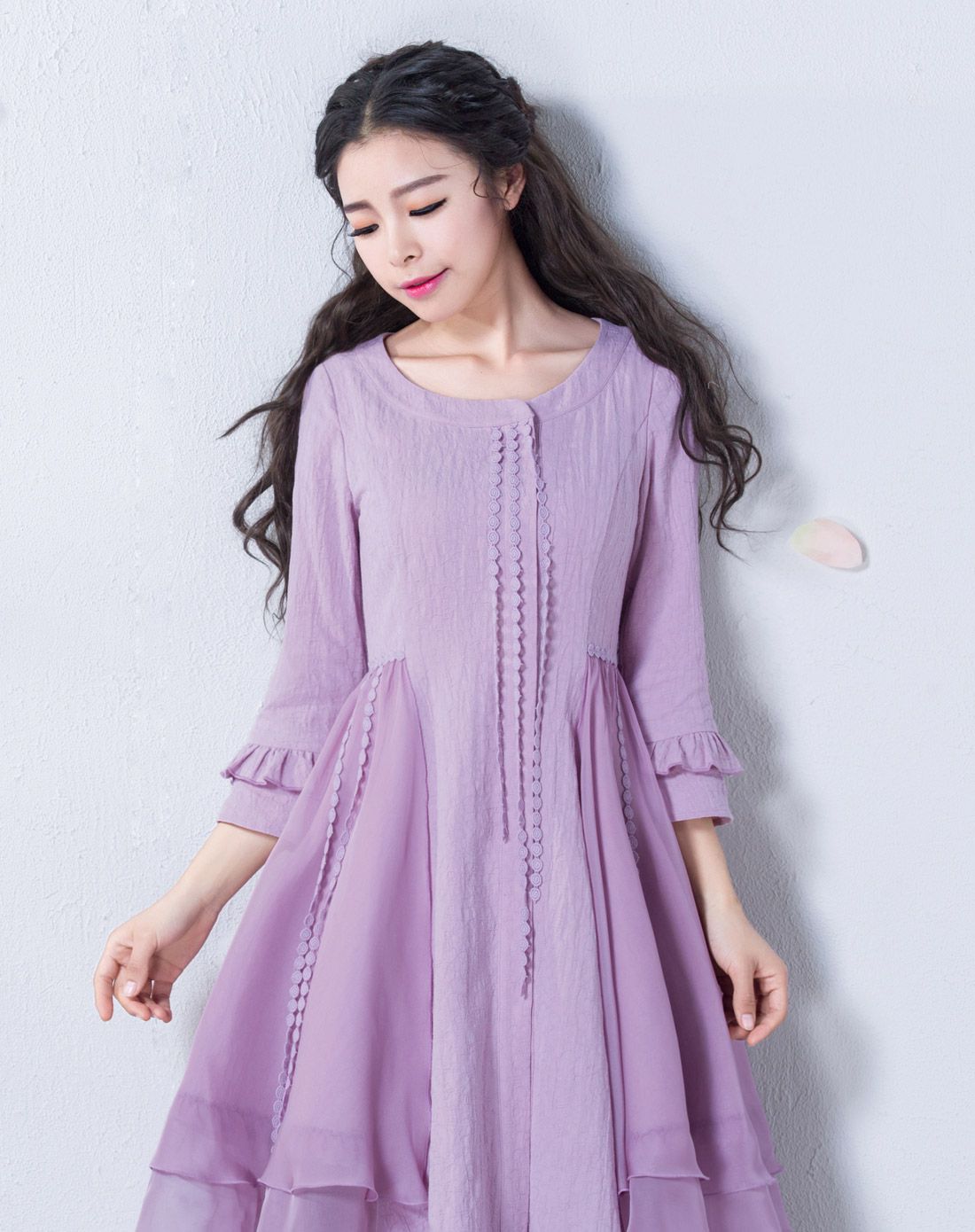 浅紫色流苏提花七分袖连衣裙