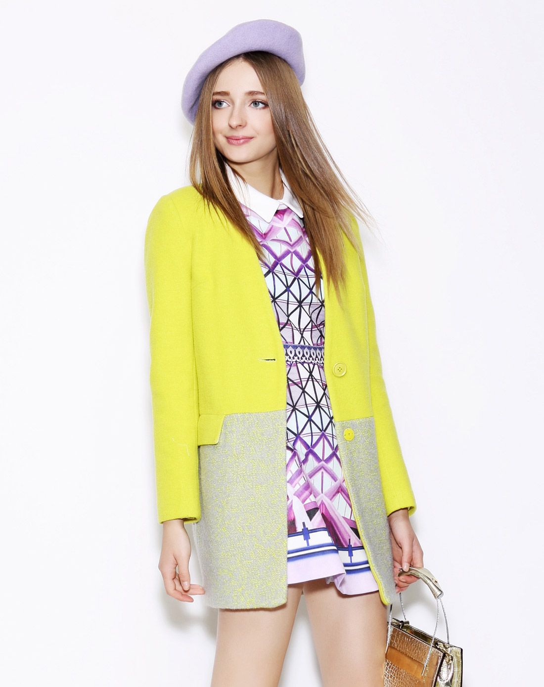 showy&co.黄绿时髦撞色长袖毛呢大衣s44d124y5_唯品会