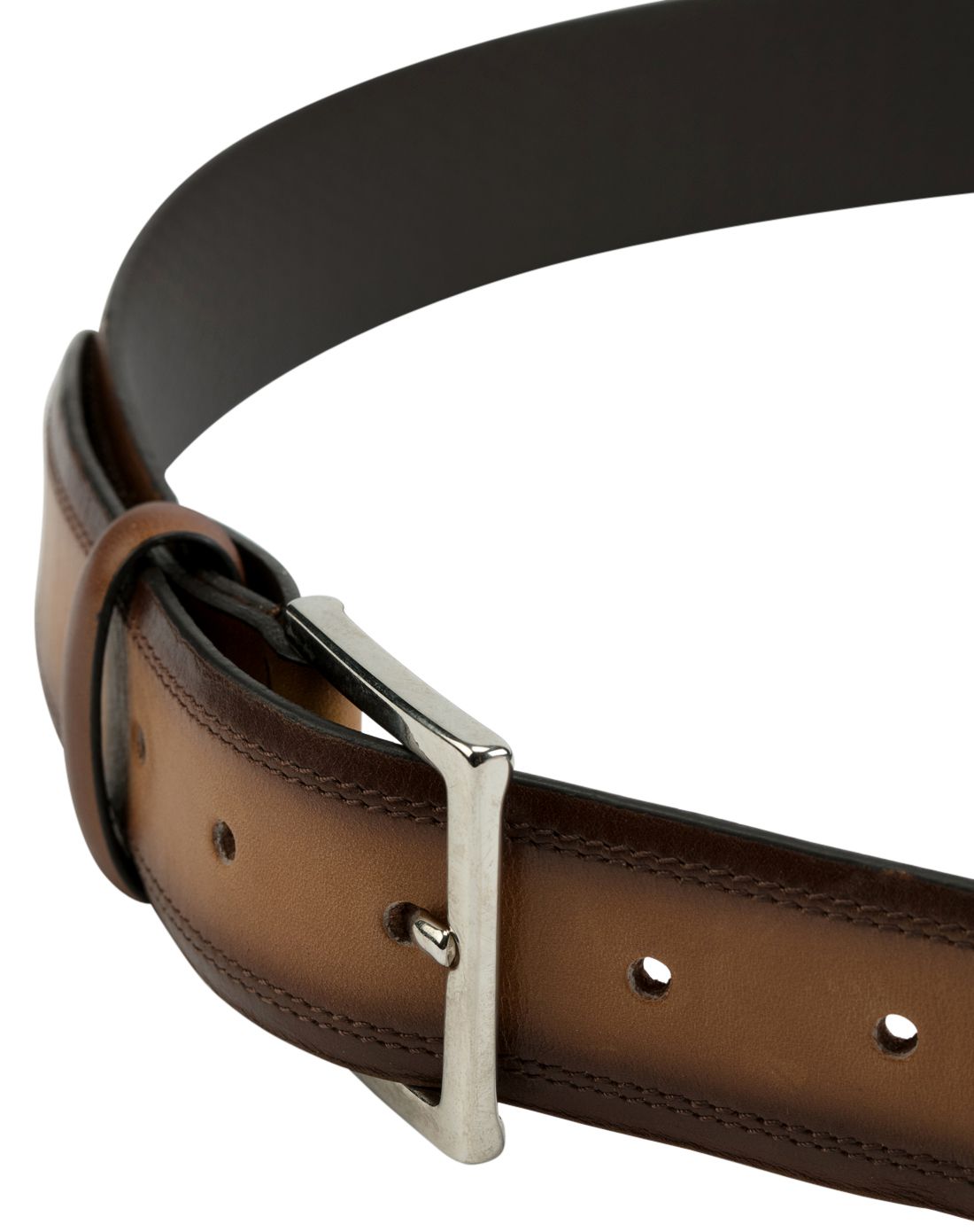 canali男款浅棕色车缝线饰边牛皮皮带