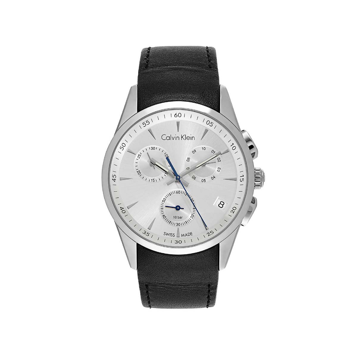 calvin klein 男款黑色41mm皮革表带三眼石英腕表