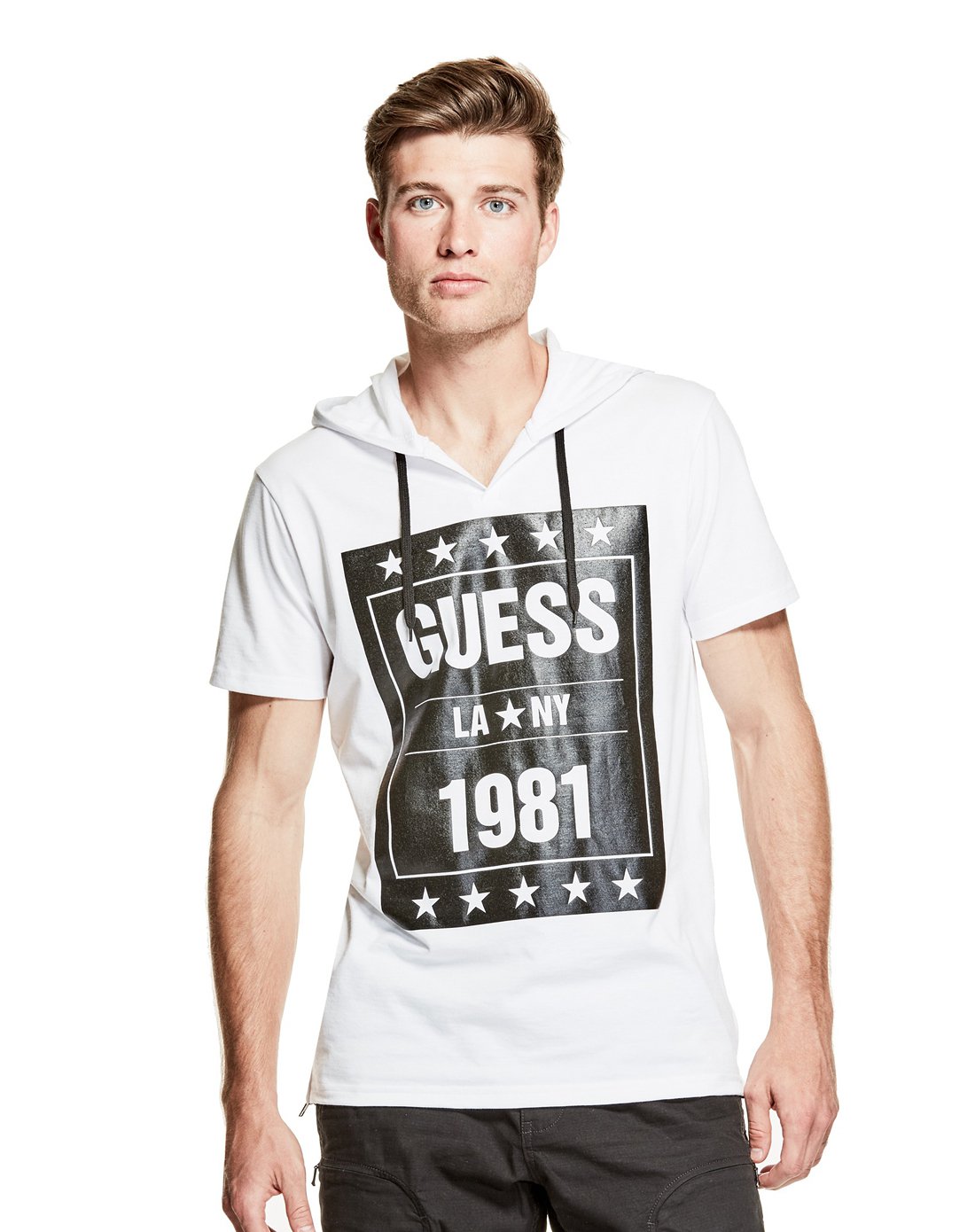 guess男装 定制慵懒随意男神范guess 17男士连帽系带拼贴logo短袖上衣